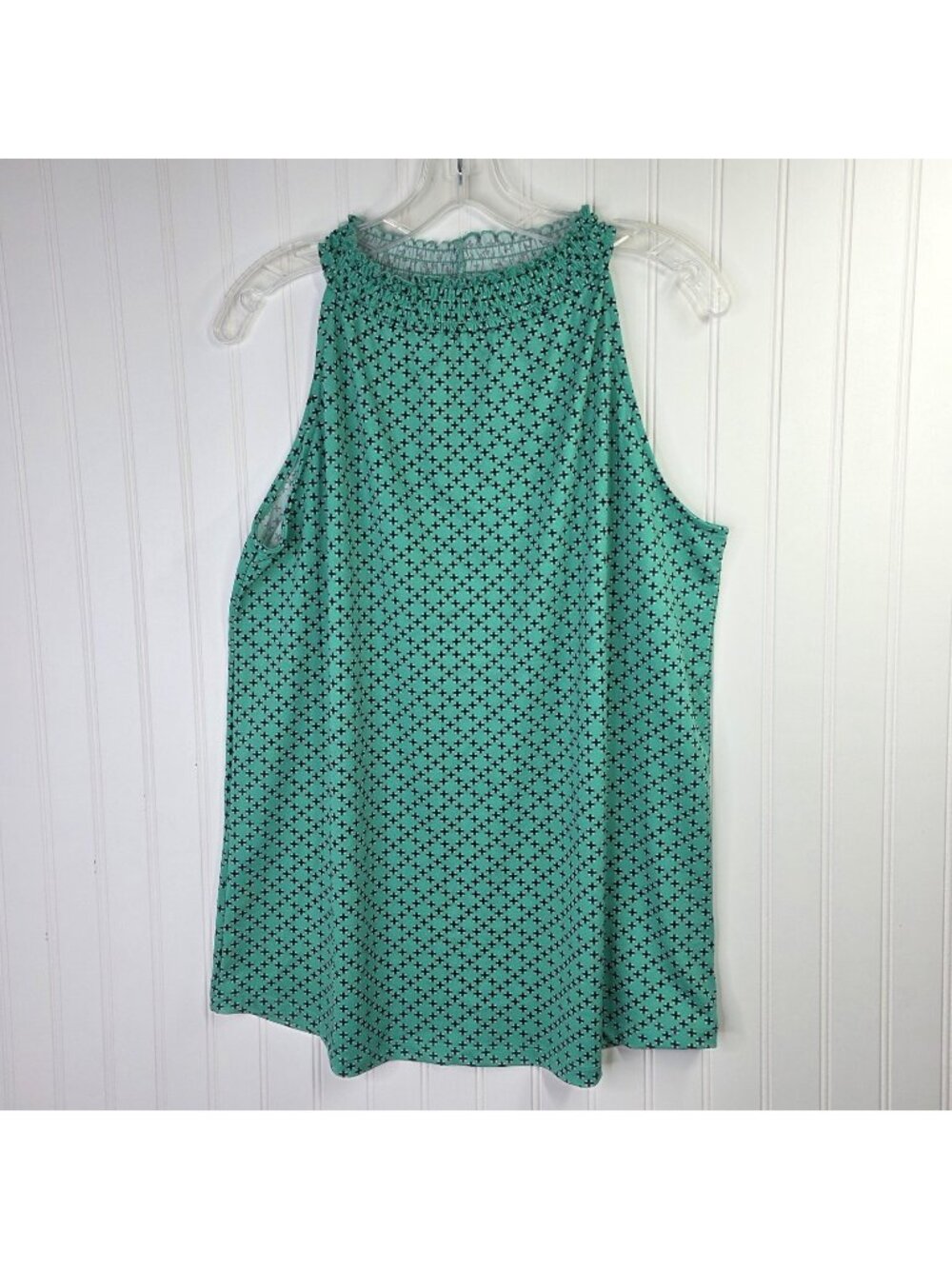 Ashley Tank Top Womens XL Green Geometric Smocked Mock Neck Tunic Preppy Office